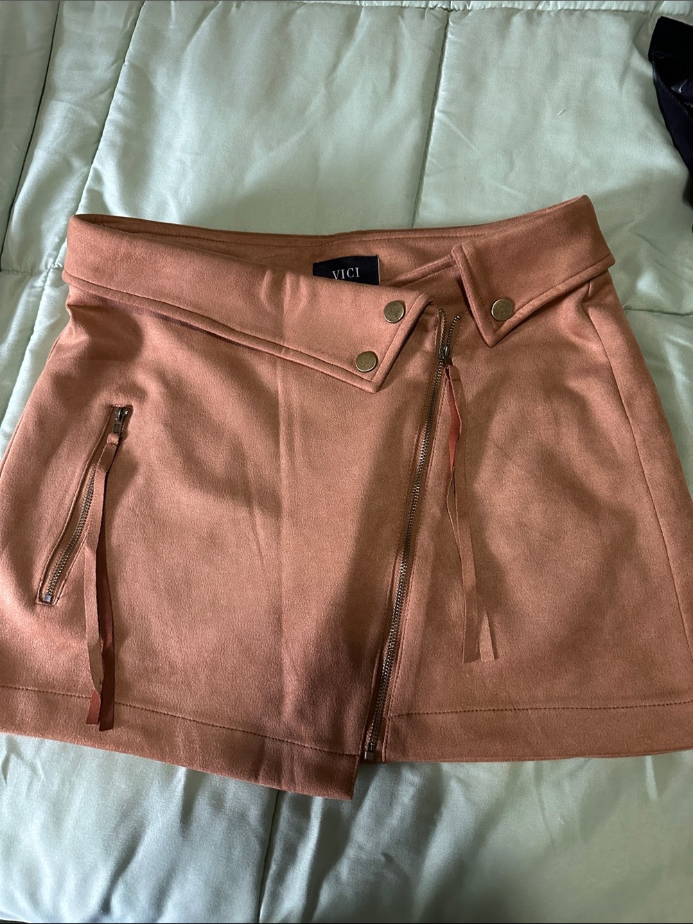 VICI Rust-Orange Suede-Look Moto Mini Skirt